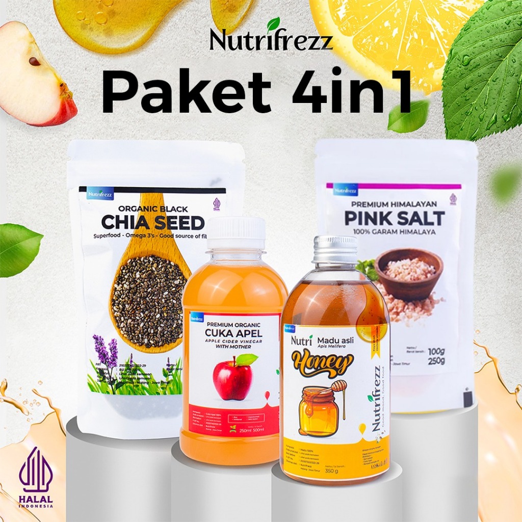 

Nutrifrezz - Paket Diet Glow 4in1 - Cuka Apel - Madu Asli - Chiaseed - Garam Himalaya Paket Diet Puasa