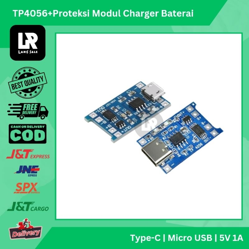 Modul TP4056 With Proteksi 5V 1A Micro USB Type-C Charger Cas Baterai Lithium 18650 3.7V