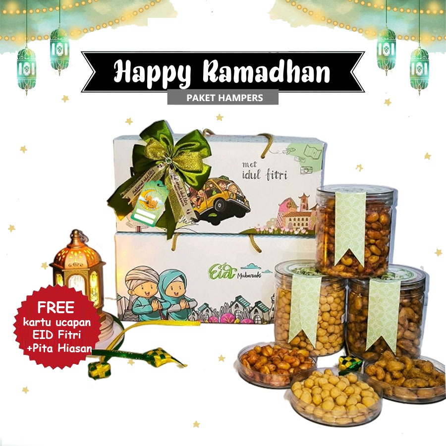 

HAMPERS PAKET LEBARAN Idul Fitri Eid Mubarak Paket Kacang Special Hampers / Gift Box / Kado - Paket Kacang 3 Jar + FREE Greeting Card + Pita + Bubble Wrap Bingkisan Idul Fitri Keluarga Parcel Lebaran