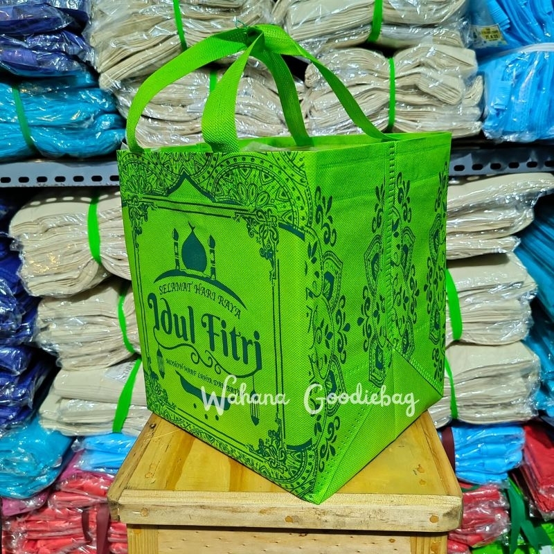 

{isi 12pcs} Goodiebag kotak nasi/besek 20x20x26 Tas Spundbond idul Fitri Gambar 4sisi 70GSM