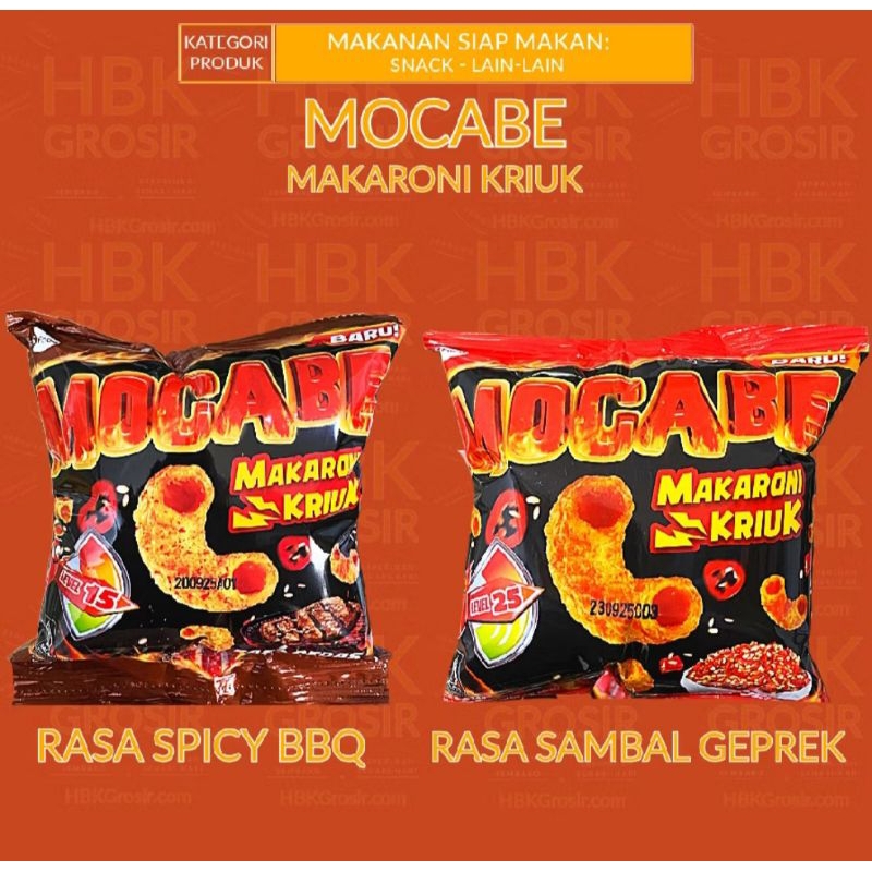 

Makaroni Pedas MOCABE renceng 24gr Rasa BBQ Lvl. 15 / Geprek Lvl. 25 (isi 10 + 2)