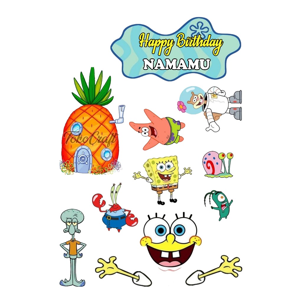 TOPPER CAKE SPONGEBOB HIASAN KUE ULANG TAHUN CUSTOM NAMA HAPPY BIRTHDAY