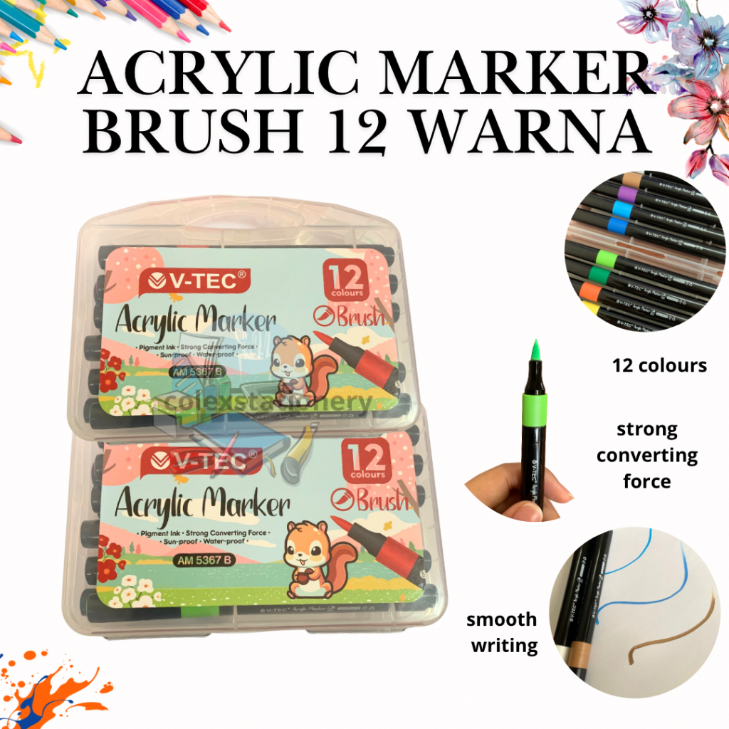 

[1 SET] Acrylic Marker Pigment Ink Waterproof / Spidol Acrylic Brush Isi 12 Warna Anti Air Vtec