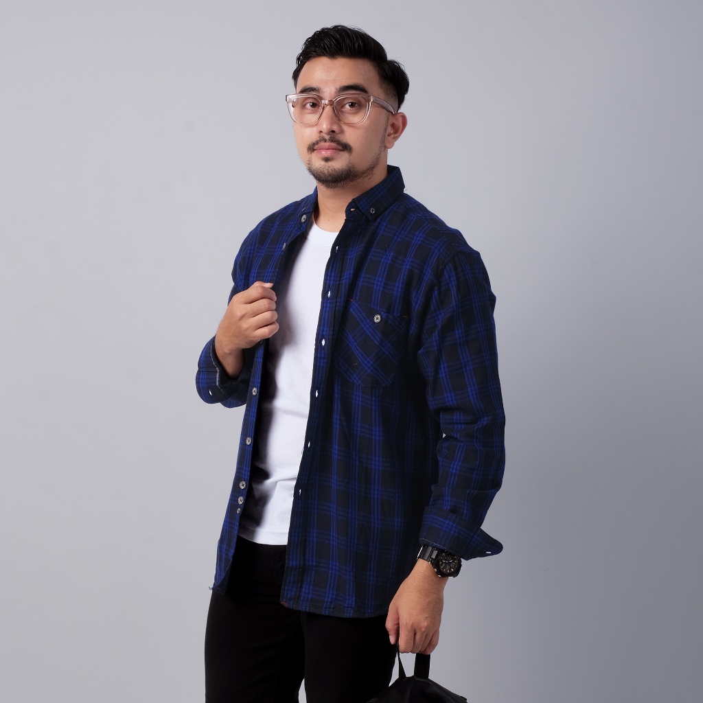 DGM Kemeja Pria Flanel Premium Hitam Garis Biru Kotak-Kotak 1763