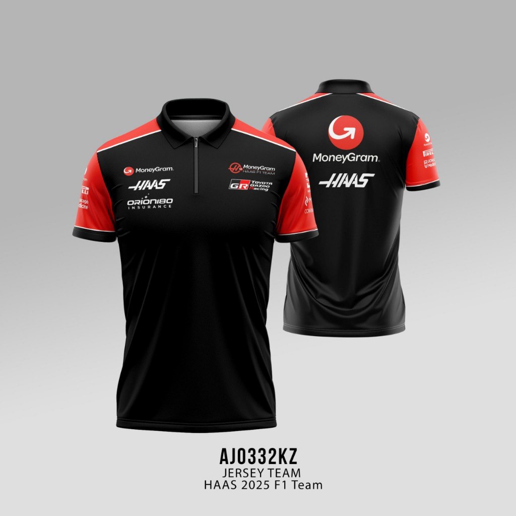 Kaos Jersey Team HAAS F1 2025 Premium Jersey Kerah Zipper Lengan Pendek Jersey Kerah Zipper Lengan P