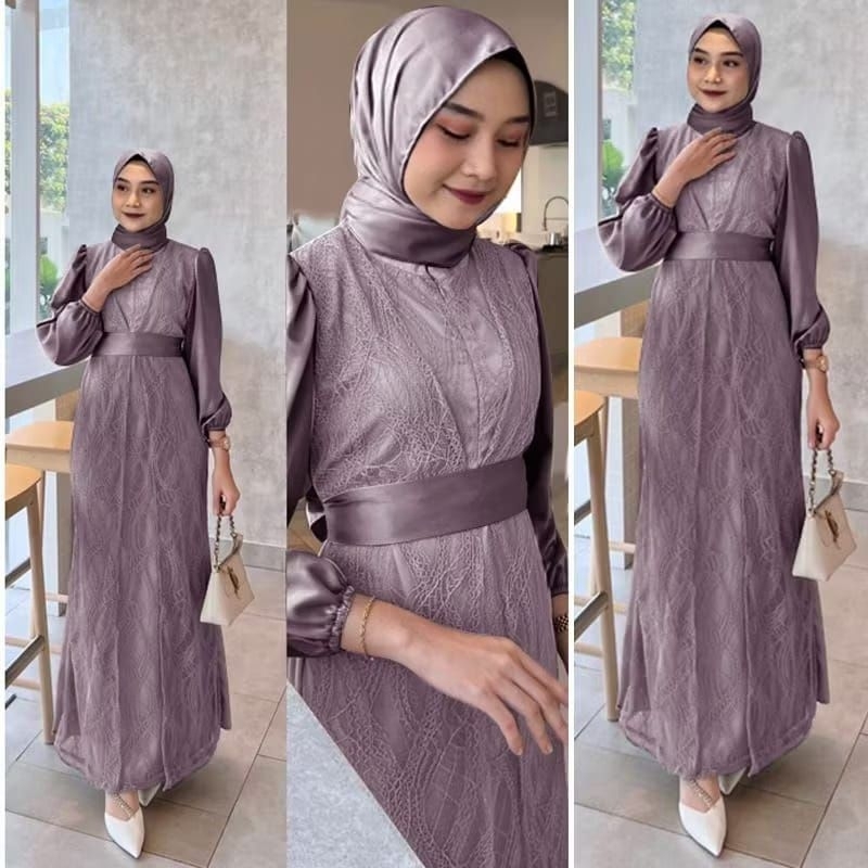 SYANIFAH - DRESS BAJU GAMIS GAUN BRUKAT REMAJA DEWASA SATIN VELVET BUSUI JUMBO WARNA UNGU MAUVE // G