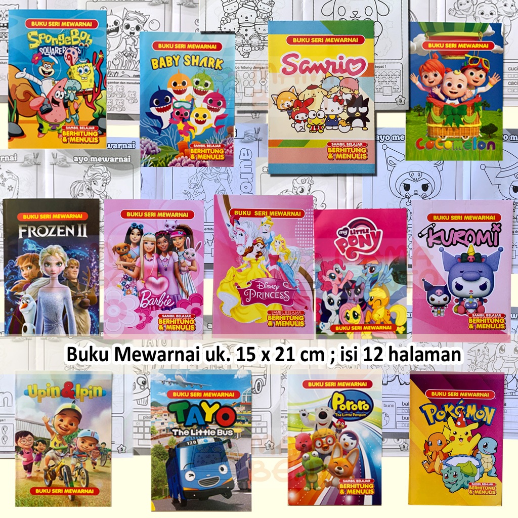 Buku Mewarnai Anak Bergambar Belajar Berhitung dan Menulis Seri Kartun Sanrio Spongebob Baby Shark C