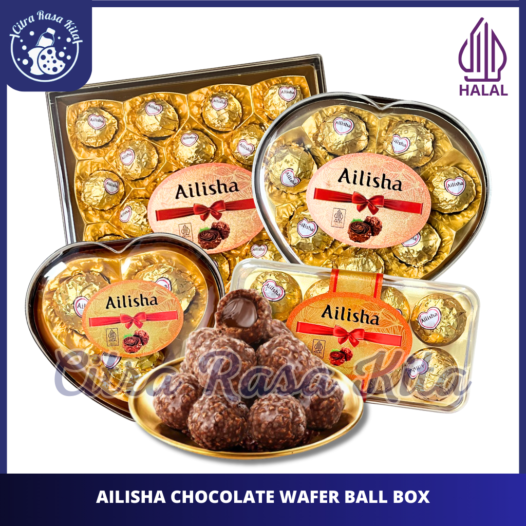 

Halal Ailisha Chocolate Wafer Ball Square Heart & Double Layer Box 37.5gr/200gr/100gr/300gr