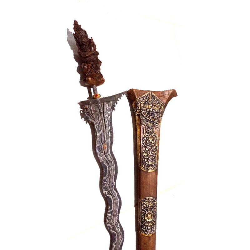 Keris Bali gede panjang bilah 47cm pamor sembur api gagang kayu sawo motif Hanoman