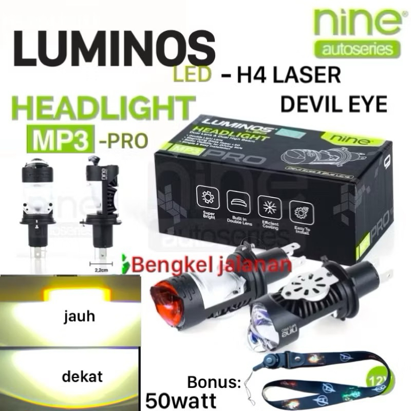 LAMPU UTAMA H4 MINI PROJECTOR BLUE LENS + DEVIL NINE LUMINOSLED MP3 PRO PROJECTOR LED 50WATT