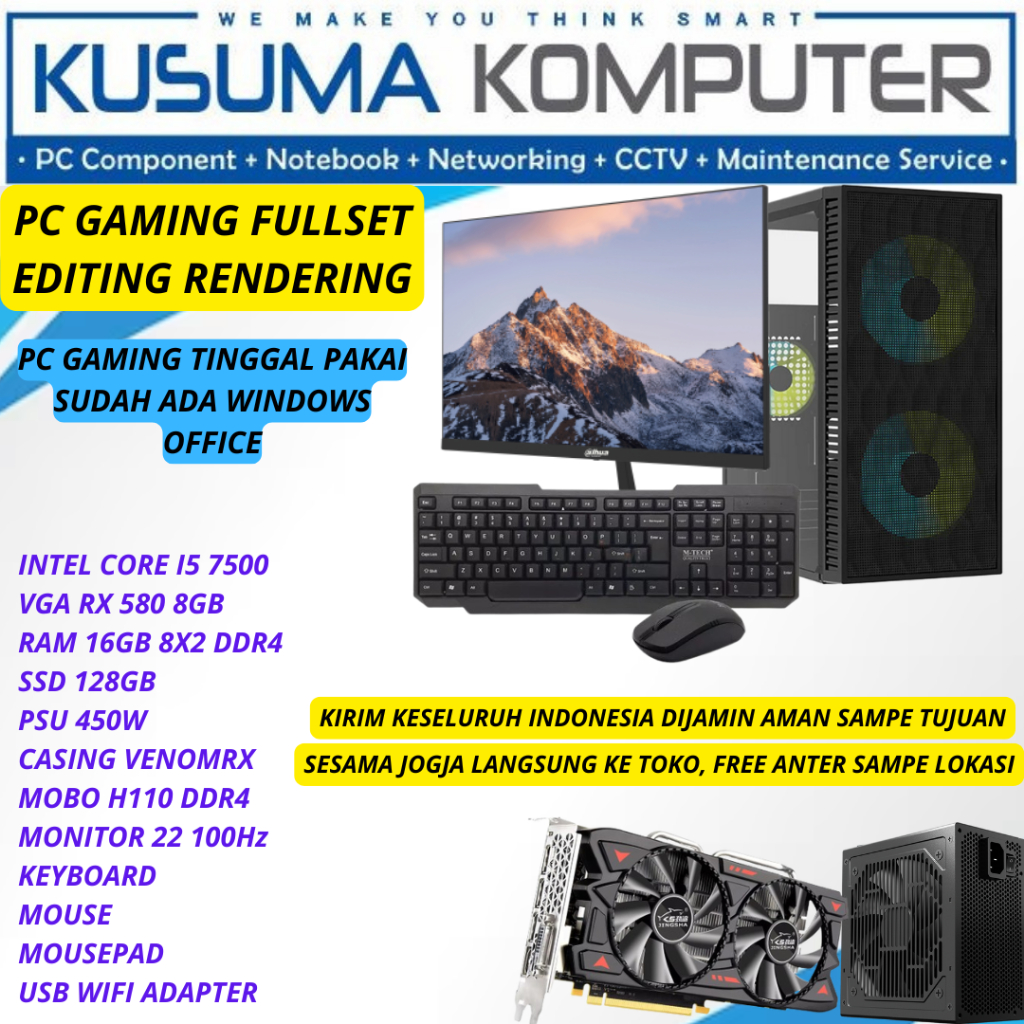 Fullset PC Gaming Rendering intel Core i5 7500 VGA RX580 RAM 16GB DDR4
