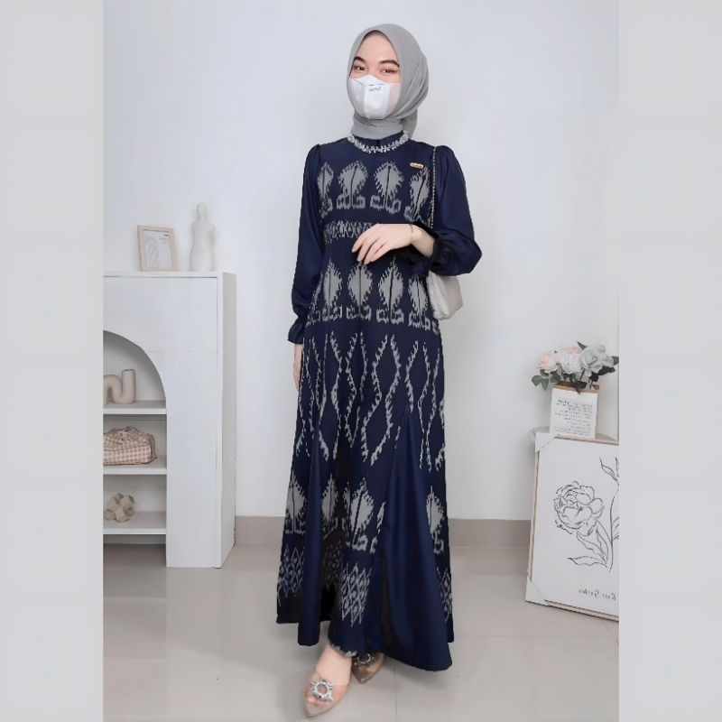 Baju Gamis Tenun Troso Biru Navy, Dress Tenun Kondangan Pesta Formal, Baju Kekinian Lebaran Tenun Tr