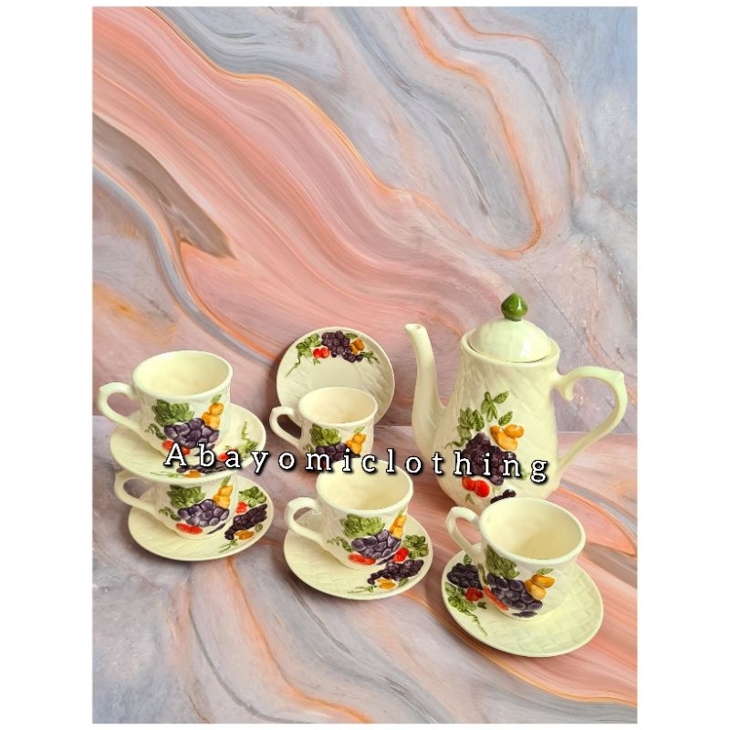 TEKO SET JUMBO/ CANGKIR SET KERAMIK MOTIF ANGGUR SNI TEBAL/ CANGKIR TEH KERAMIK MEWAH
