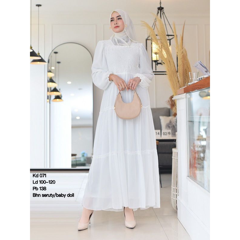 Gamis Putih KD071 Bahan Ceruty LD100-120 cm PJ138 cm Muslim Wanita Dress Mewah - Syari, Maxi, Pesta,