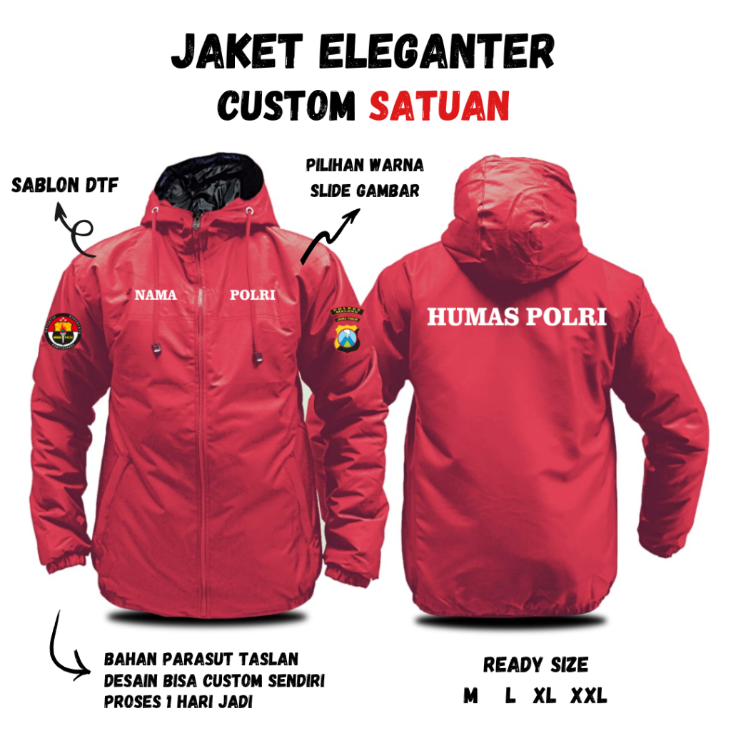 JAKET PRIA HUMAS POLRI PARASUT SABLON CUSTOM DESAIN BEBAS