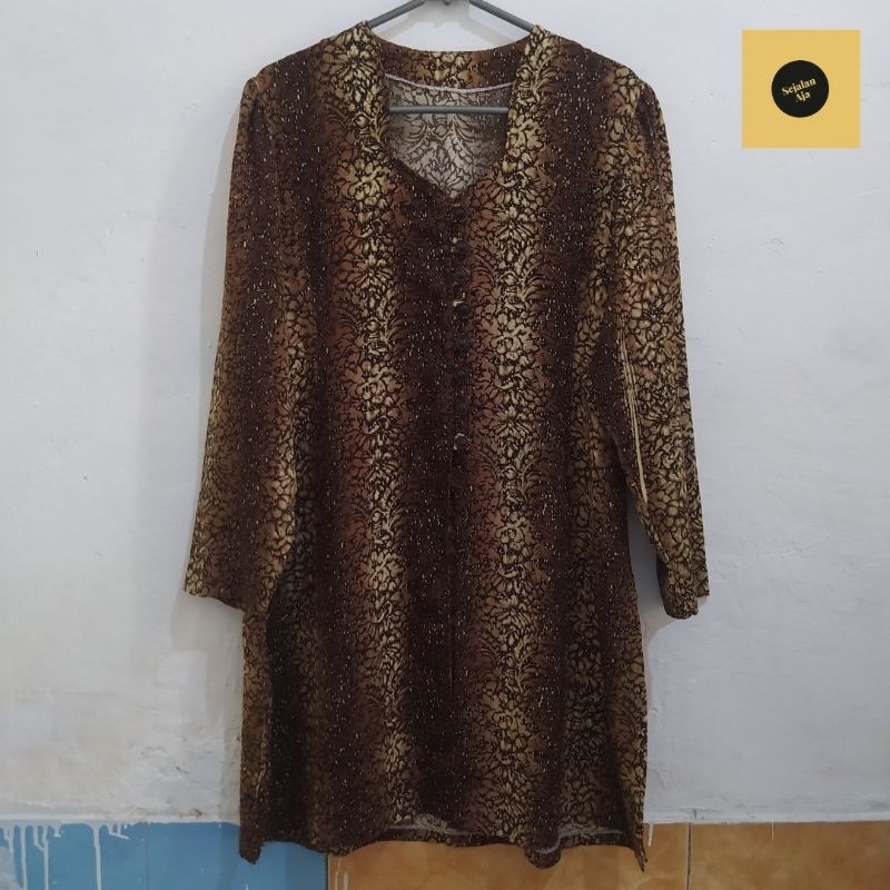 BLOUSE LENGAN PANJANG MOTIF BATIK BUNGA COKLAT WANITA