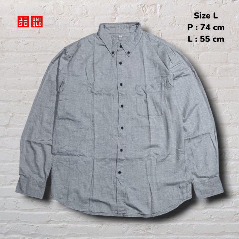 Size L Kemeja Panjang Katun Uniqlo Abu Button Down Original Second Preloved #K15