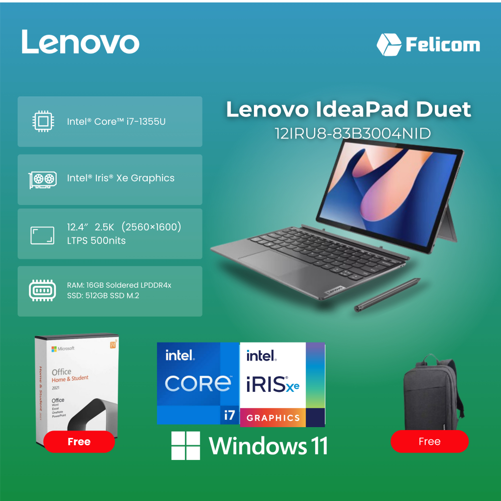Lenovo IdeaPad Duet 5 12IRU8 83B3004NID Touch i7-1355U 16GB 512GB SSD Windows 11 Home + Office Home 