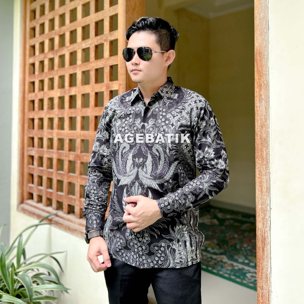 AGEBATIK AGE045 - Kemeja Batik Pria - Lengan Panjang Pendek - Slim Fit - Motif Kembar Merak - Katun 