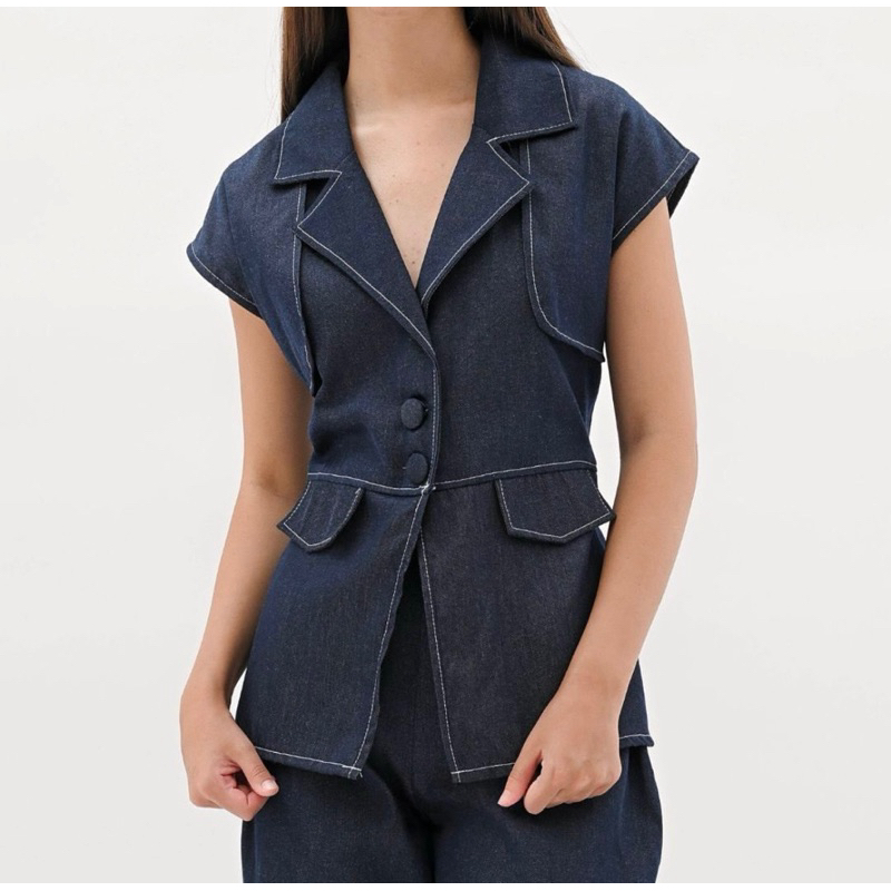 ATHENA TOP DENIM | Atasan Kerja Wanita | Blouse Wanita Hitam | Vest Denim | Baju Denim Wanita