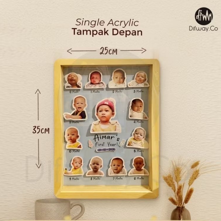 BABY MILESTONE 3D FRAME | Bingkai Foto Pop Up | Baby's First Year Frame | Rounded 3D Frame Wood [A3 