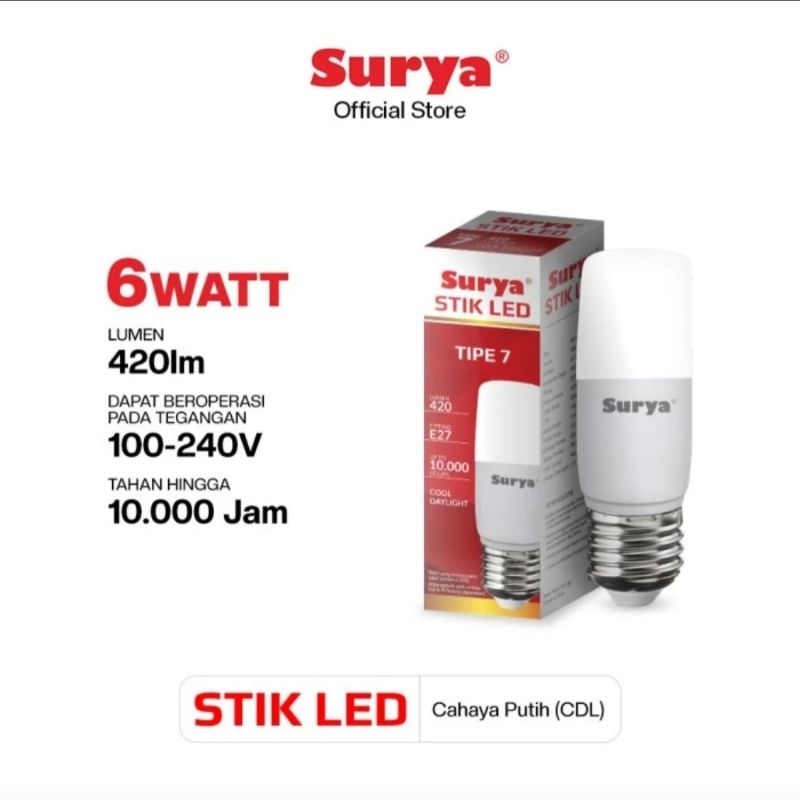 Surya Lampu Bohlam LED Stik Tipe7 6 Watt Cahaya Putih