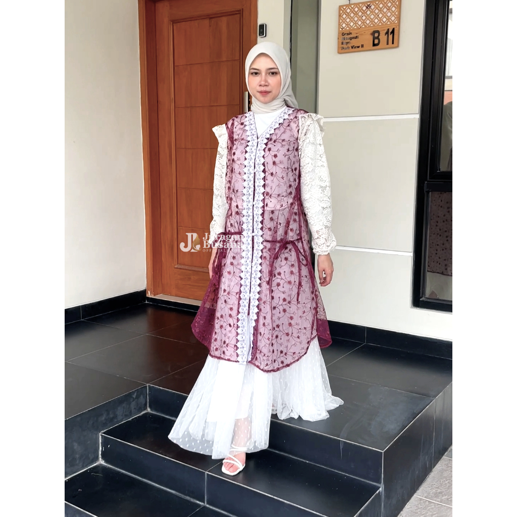 Utari Dress + Outer Brokat Elegan Simple Gamis Muslim Wanita Lebaran 2025 Idul Fitri Mewah