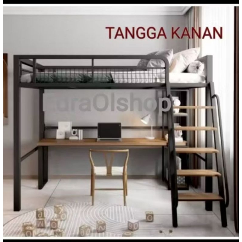 Loft Bed Ranjang Mezzanine Besi Tingkat 160x200cm Costum Tanpa Meja