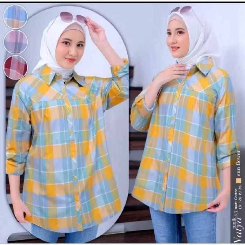 Naya Hem Kotak Wanita/Kemeja Wanita Motif Kotak-Kotak Bahan Katun Yanded/ Atasan Kemeja Wanita Motif