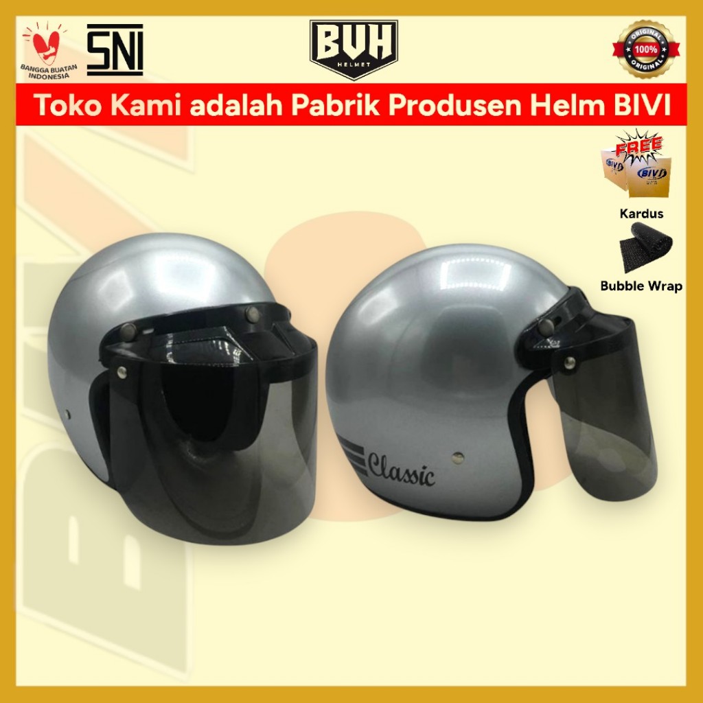 Helm BIVI Bogo Classic Silver Glossy + Kaca SNI Retro Half Face Hijab Bivi Helmet Retro