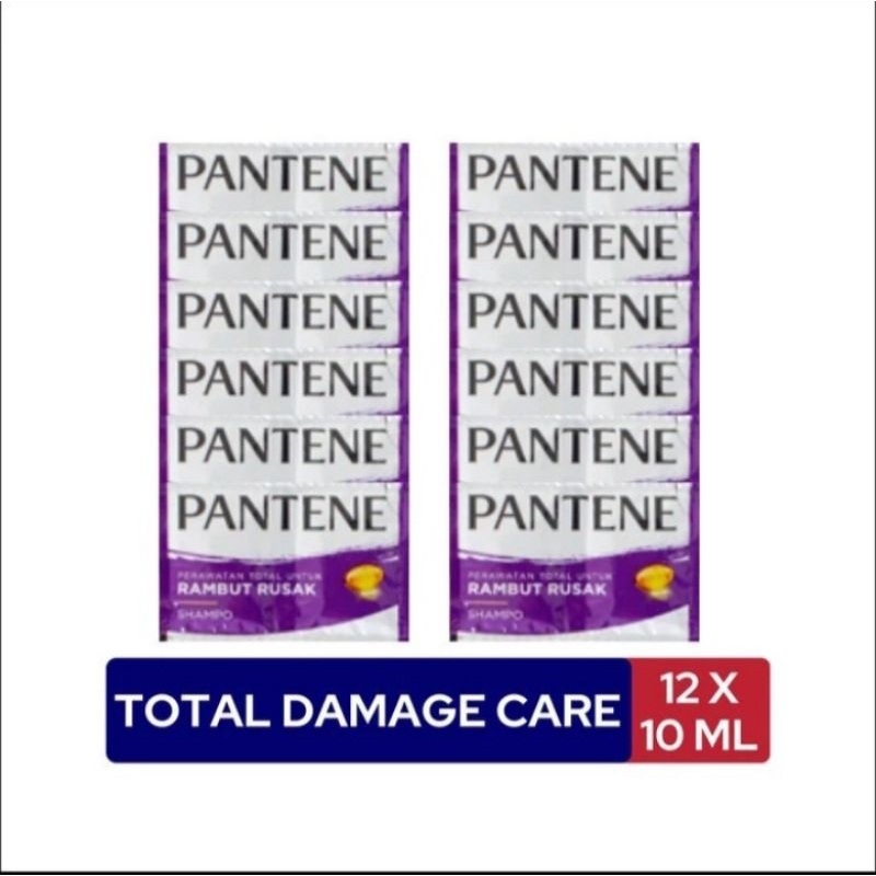 Pantene Shampo Total Damage Care Ungu Perawatan Rambut Rusak 1 Renceng isi 12 Sachet 10 ML Melindung