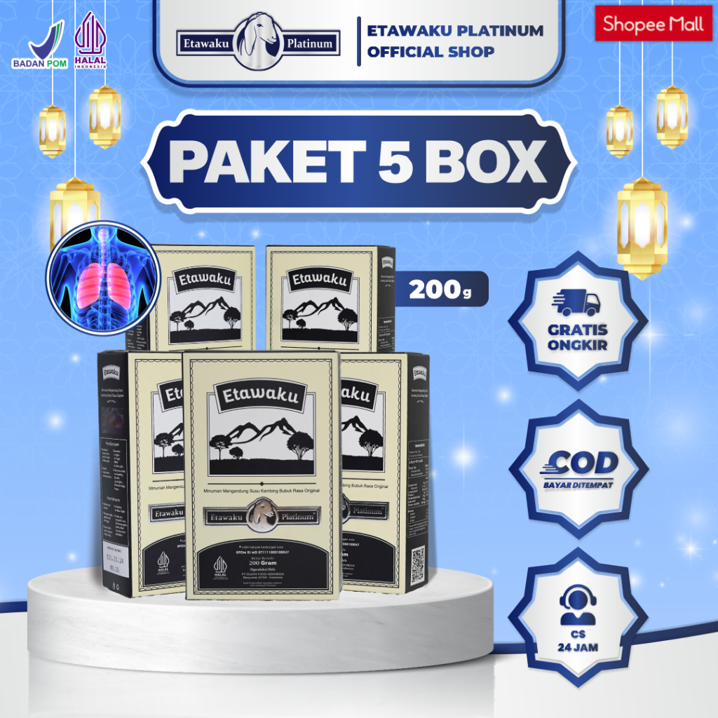 

Etawaku Platinum Paket 5 Box - Susu Kambing Etawa Murni + Krimer Bubuk yang Berkhasiat Tinggi Memiliki Kandungan Protein dan Vitamin Kompleks yang lengkap , melancarkan pencernaan serta Dapat Mengatasi Nyeri Persendian