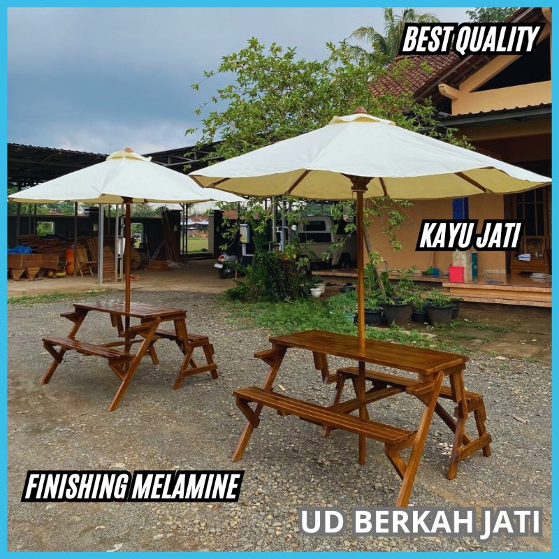 set meja mejik bangku lipat, set payung taman cafe outdoor, set meja kursi payung lipat, set meja me