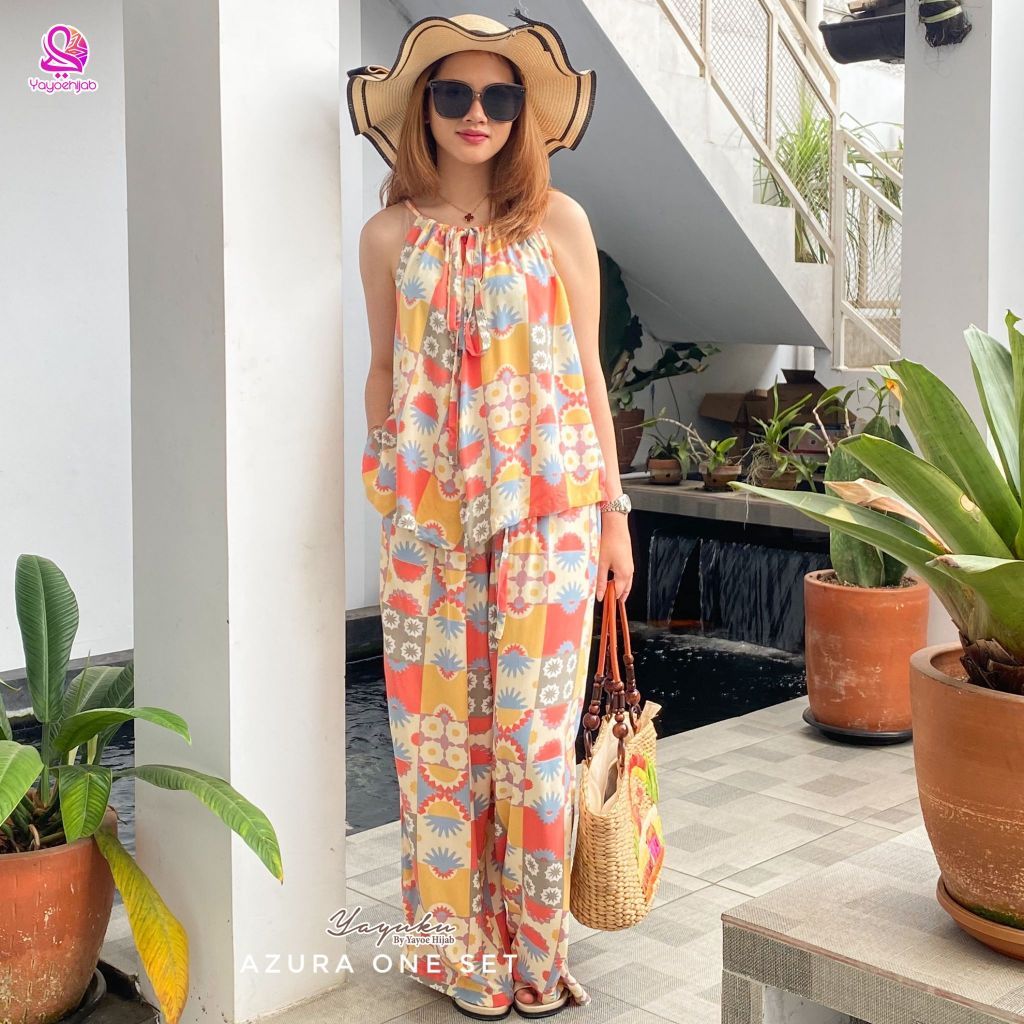 Azura Set Piyama Wanita Bahan Katun Rayon Lengan Tali Kutung Celana Panjang Tali Bisa Di Adjust
