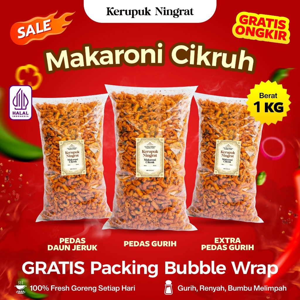 

Makaroni Cikruh 1 KG Pedas Gurih & Pedas Daun Jeruk Halal Food Snack Camilan Crispy