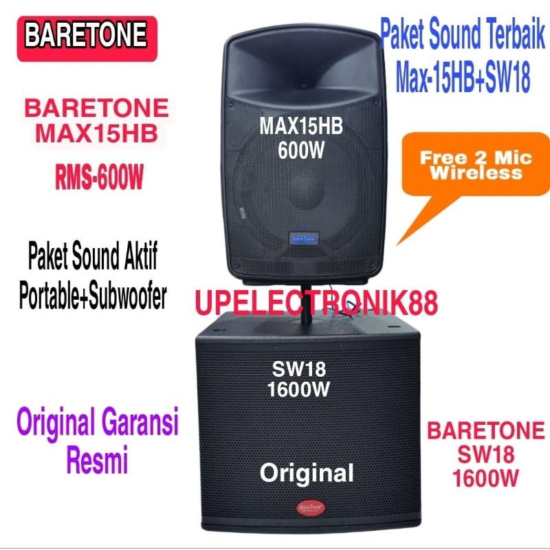 Paket Sound system Speaker Portable 15 Inch Baretone MAX15HB + Subwoofer 18 Inch Baretone SW18 Origi