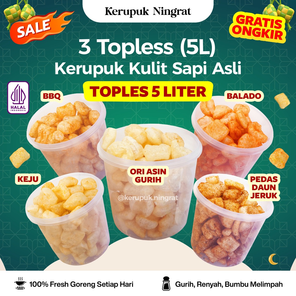 

KERUPUK KULIT TOPLES 5 LITER DAPAT 3 VARIAN RASA ORI ASIN GURIH, PEDAS DAUN JERUK, BALADO, BBQ, KEJU, BARBEQUE CEMILAN SNACK HALAL