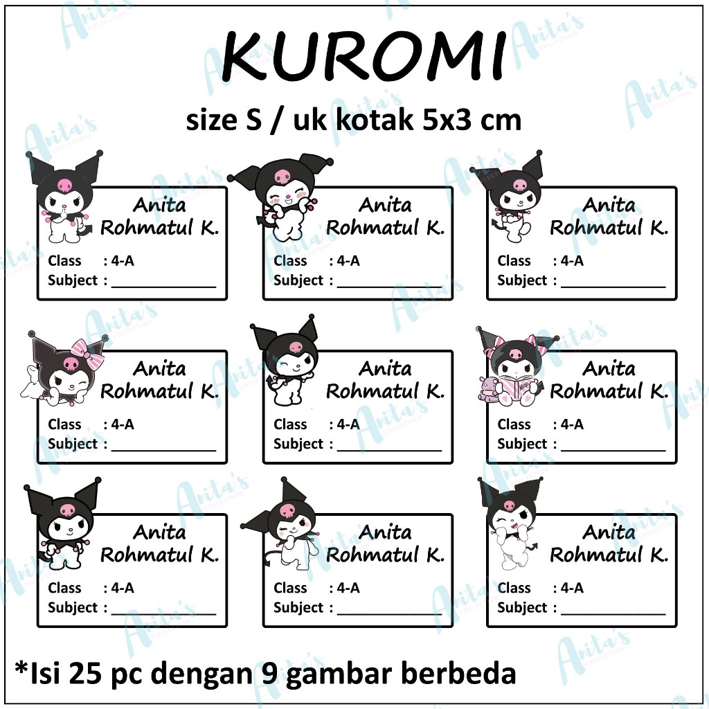 

25pcs STIKER NAMA BUKU PELAJARAN ANAK SEKOLAH tema KUROMI | size S / 5x3 cm | CUSTOM