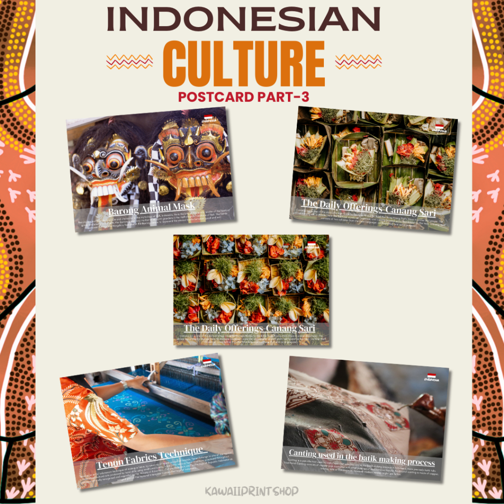 

Postcard Kesenian Budaya Indonesia | Kartupos Topeng Batik Canting Daerah Indonesia | Indonesian Culture Postcard Part-3