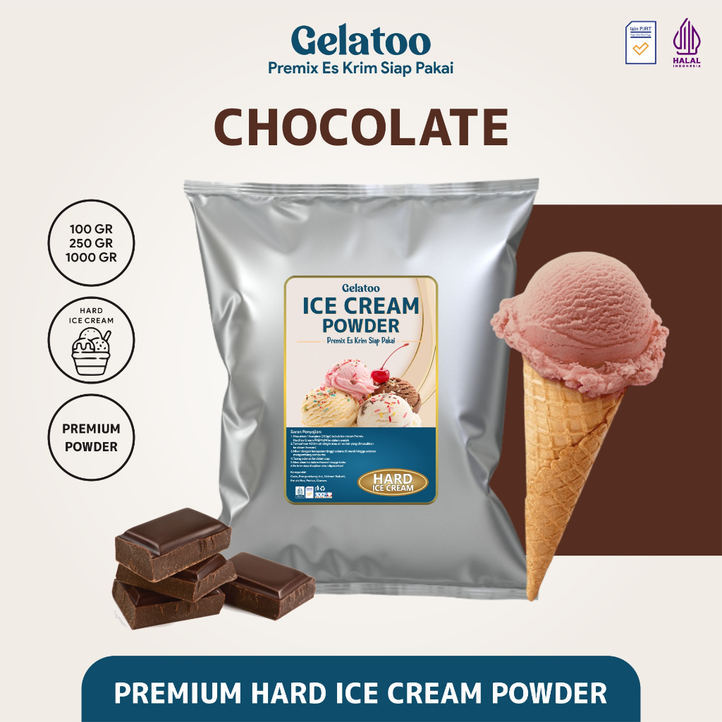

Bubuk Es Krim Hard Ice Cream Powder Premium Rasa Cokelat Coklat Gelatoo Chocolate 250 gram / 1 kg