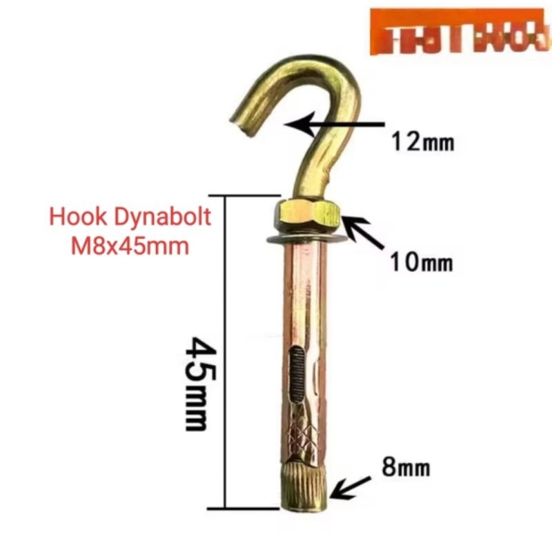 hook dynabolt m8x45 / hook eye bolt m8x45 / hook anchor bolt m8x45 / gantungan terbuka m8x45 / hook 