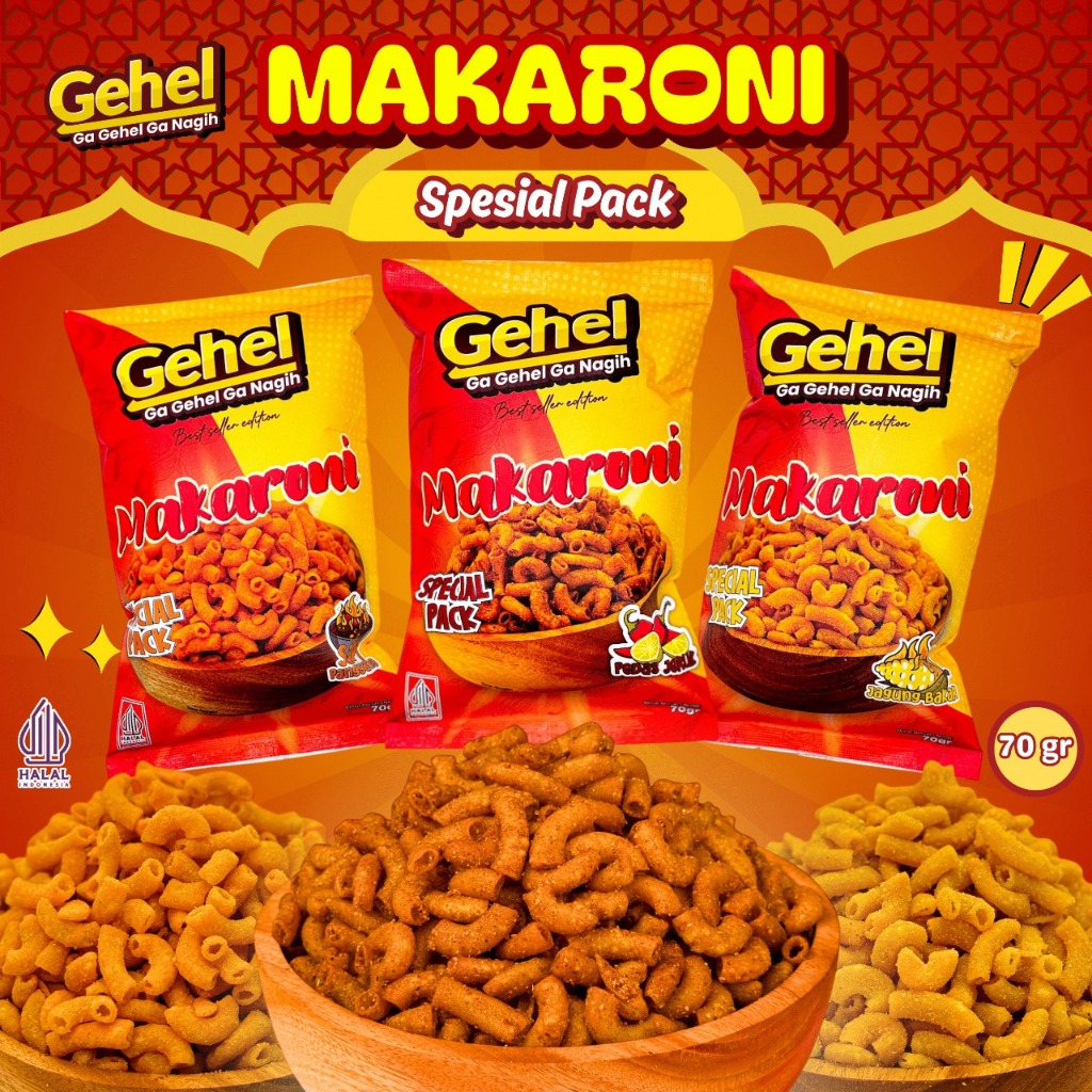 

Gehel Spesial Pack MAKARONI - Cemilan Makaroni varian rasa Pedas Jeruk, Sapi Panggang, Jagung Bakar - Makanan Ringan