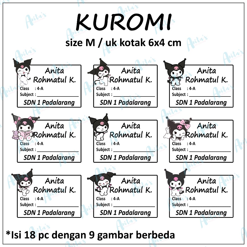 

18pcs STIKER NAMA BUKU PELAJARAN ANAK SEKOLAH tema KUROMI | size M / 6x4 cm | CUSTOM