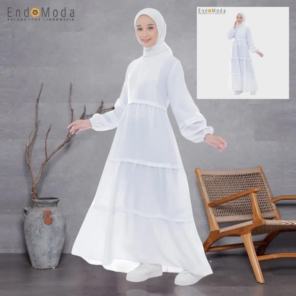 BAJU GAMIS PUTIH ENDOMODA HAIRA 2 DRESS UMROH MANASIK LEBARAN