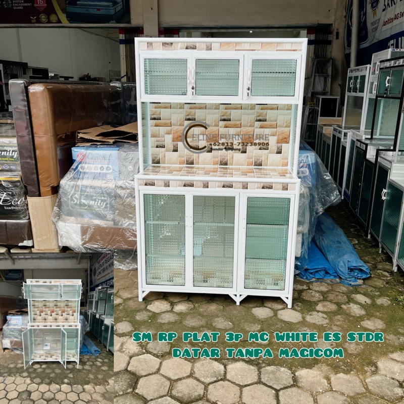 Lemari Piring 3 Pintu White Standar Bagian Tengah Rata Aluminium Kaca