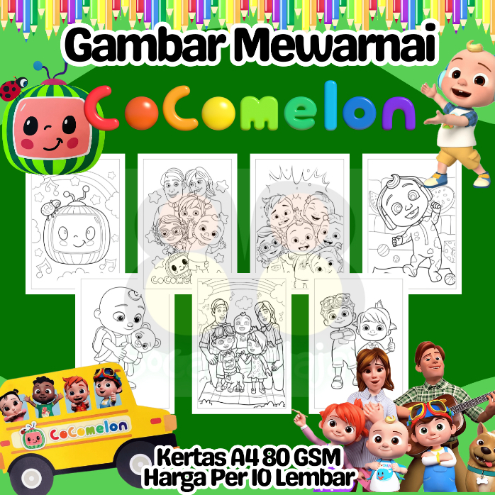 

10 Lembar Kertas A4 Gambar Mewarnai Tema COCOMELON Termurah - Anak Anak TK SD PAUD Remaja