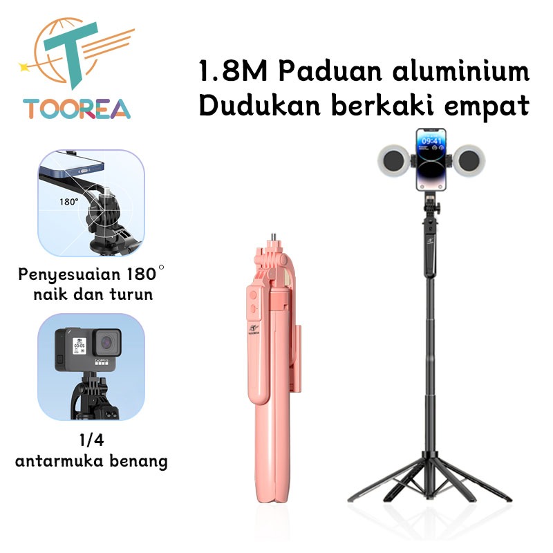 TOOREA A17L 180cm Tongsis Tripod Bluetooth Remote Selfie Stick 4 Kaki Tripod Aluminium Tongsis untuk