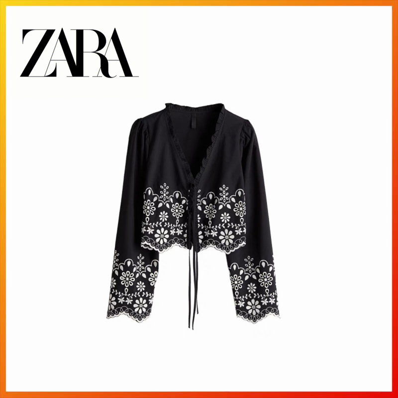 ZARA 25 Spring New Commuter Color Contrasting Hollow Embroidered Cotton Shirt 1268146