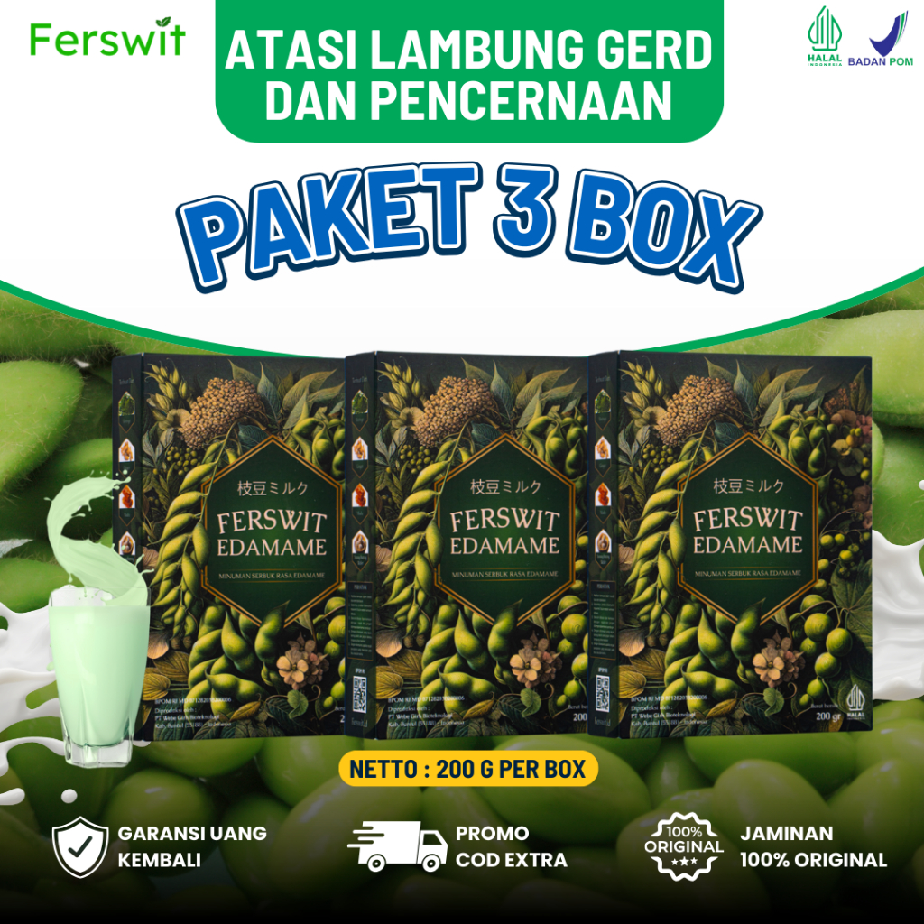 

3 BOX TERLARIS FERSWIT EDAMAME 100℅ ORIGINAL SUSU EDAMAME JEPANG ASLI MENGATASI ASAM LAMBUNG,GERD,PENCERNAAN 200MG, SUPLEMEN KESEHATAN