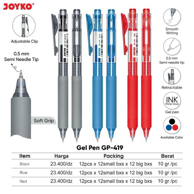 

( 1 pcs ) GP-419 Pulpen Gel Retractable Soft Grip Joyko 0.7 mm / GP 419 Adjustable Clip Gel pen Cetrek Pegangan Lembut Tinta Hitam / Bolpen Jel Semi Needle Soft Grip 0.7mm